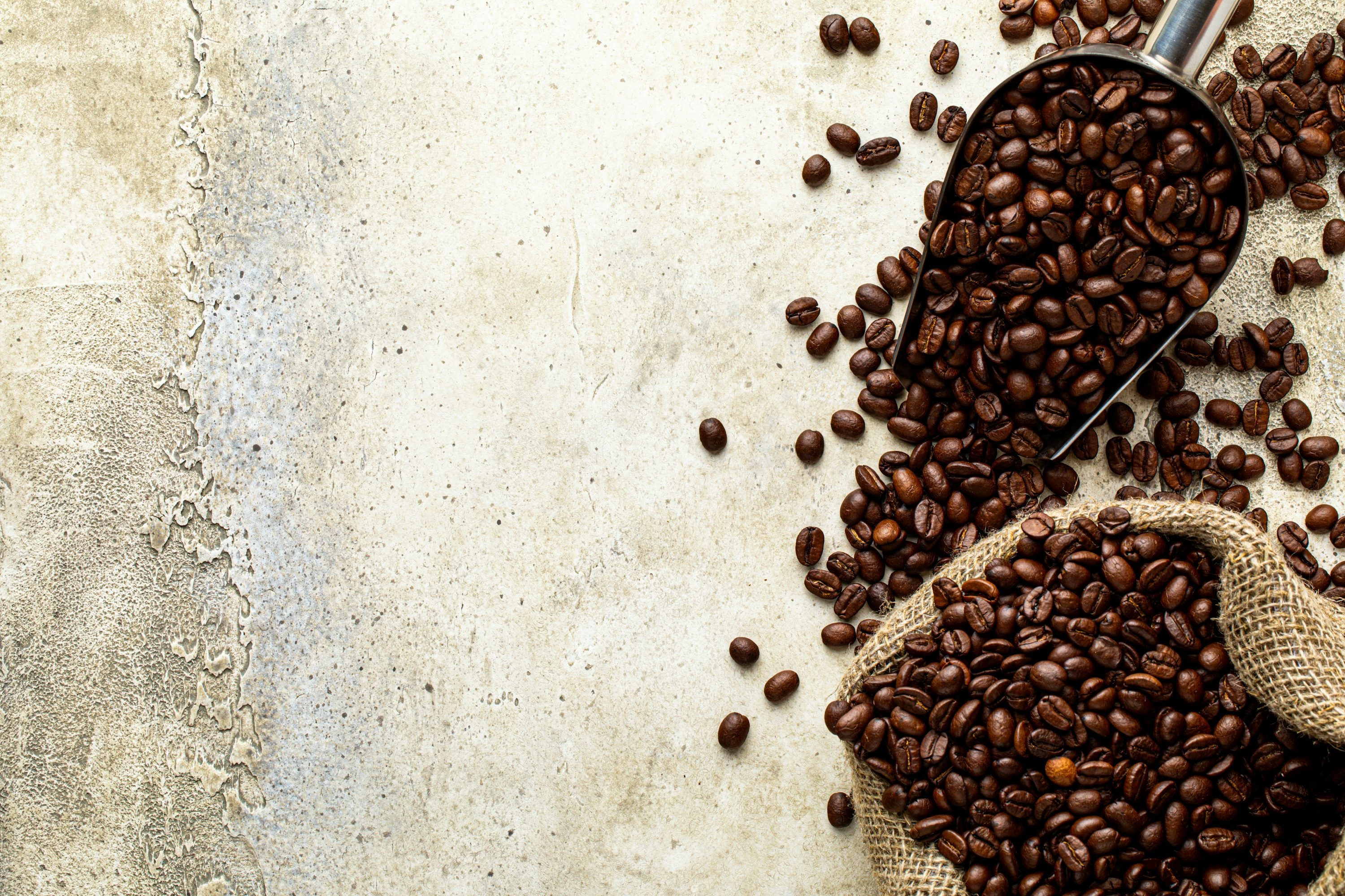 Overhead shot of a metal scoop full of coffee beans next to a burlap sack of beans
