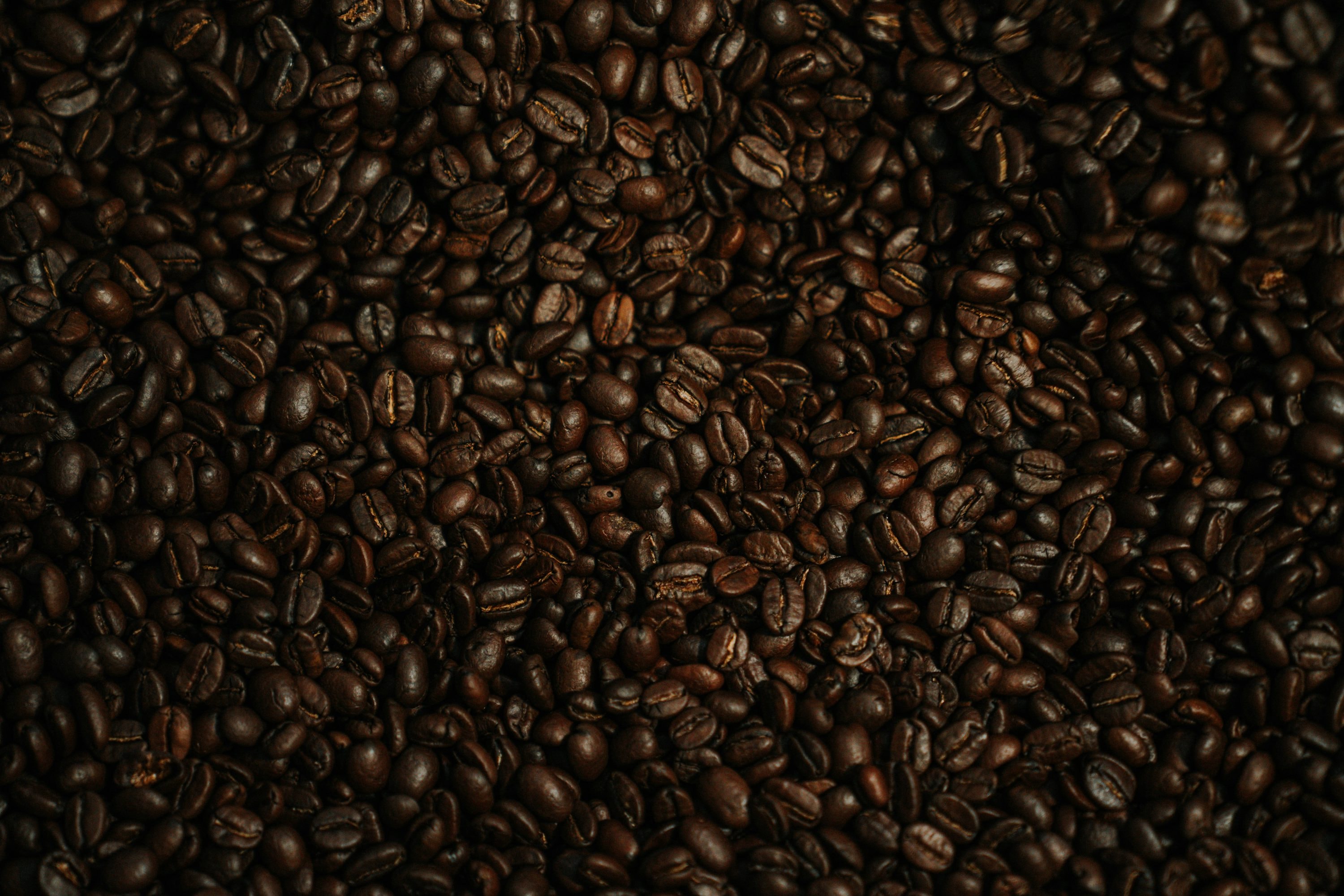 Close-up of roasted coffee beans with warm reddish-brown tones against a dark background